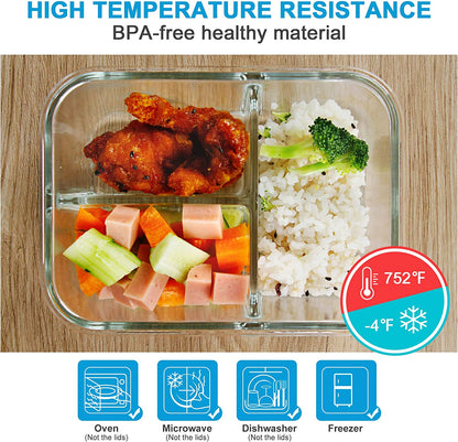 3 Pack 36Oz Bento Box Glass Meal Prep Containers 3 Compartments Glass Food Storage Containers with Lids Meal Prep Bowls Lunch Box Glass Food Prep Lunch Container Oven Microwave Safe