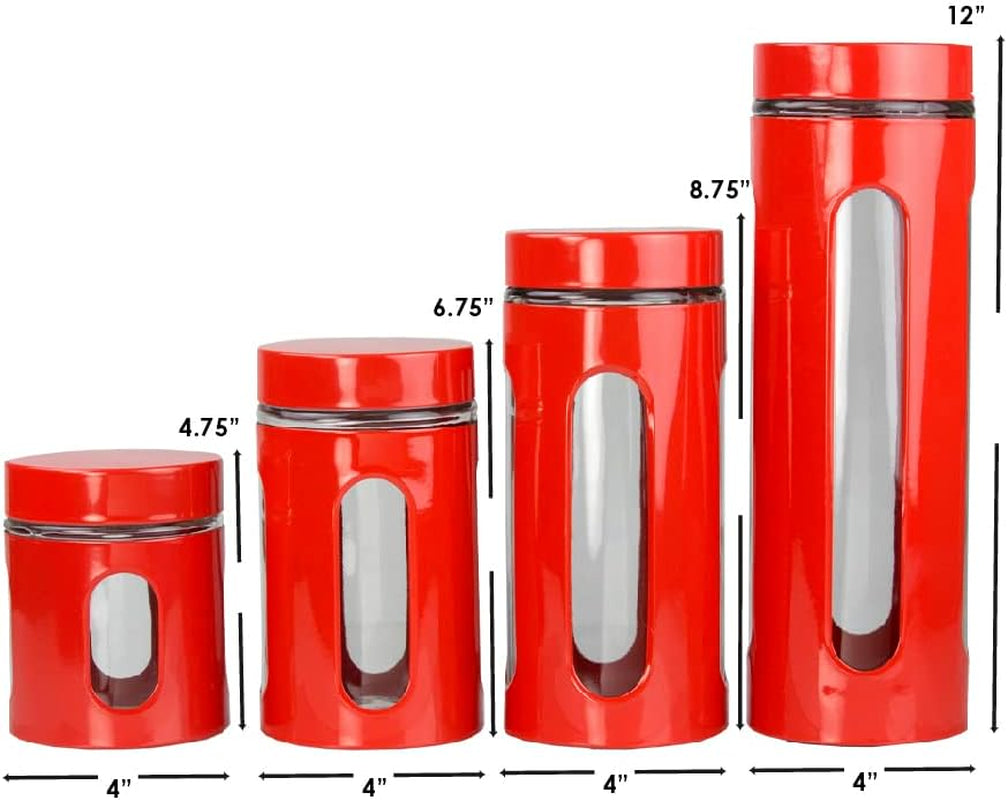 Retro Kitchen Canisters for Countertop (4 Piece Set) Red Glass with Metal Finish; See-Through Windows; Great for Flour, Coffee, Sugar, Dry Ingredients, Snacks