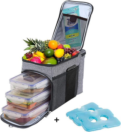 TOP&TOP Blue 13"L X 7"W X 9"H Reusable Lunch Box with 6Mm Insulation Foam - Leakproof, Easy to Clean, Adjustable Shoulder Strap, Holds 3 Containers, Mesh Pockets