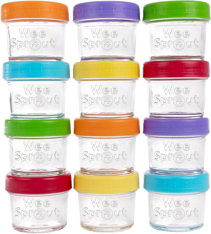 Glass Baby Food Storage Jars W/Lids (4 Oz, 12 Pack Set) Snack, Puree, Reusable Small Containers, Breast Milk, Fridge or Freezer, Microwave & Dishwasher Safe, Essential Must Have for Infants