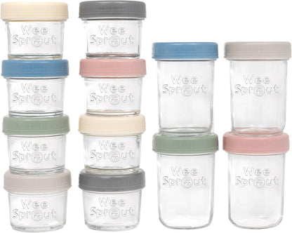 Glass Baby Food Storage Jars W/Lids (4 Oz, 12 Pack Set) Snack, Puree, Reusable Small Containers, Breast Milk, Fridge or Freezer, Microwave & Dishwasher Safe, Essential Must Have for Infants