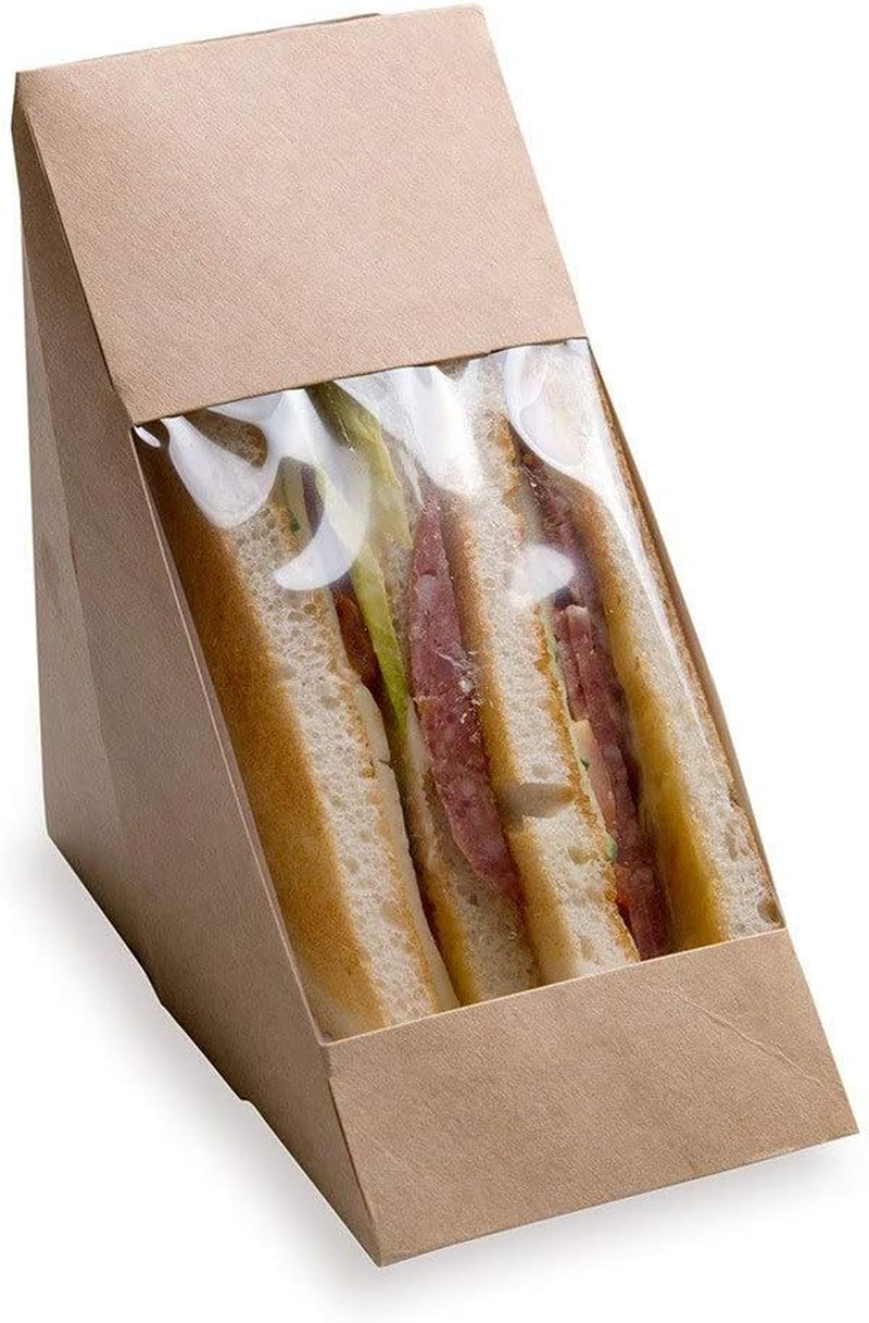 Large Sandwich Wedge Box Sandwich Take Out Box - 4.8" X 3.2" Triangle Sandwich Box with Window - Brown - 25Ct Box