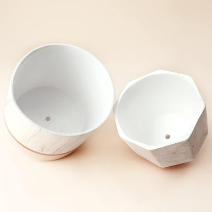 White Ceramic Flower Pots - 6.7 + 5.4 Inch Indoor Planters, Plant Containers in a Marble Ink Pattern with Rose Gold and Pink Detailing