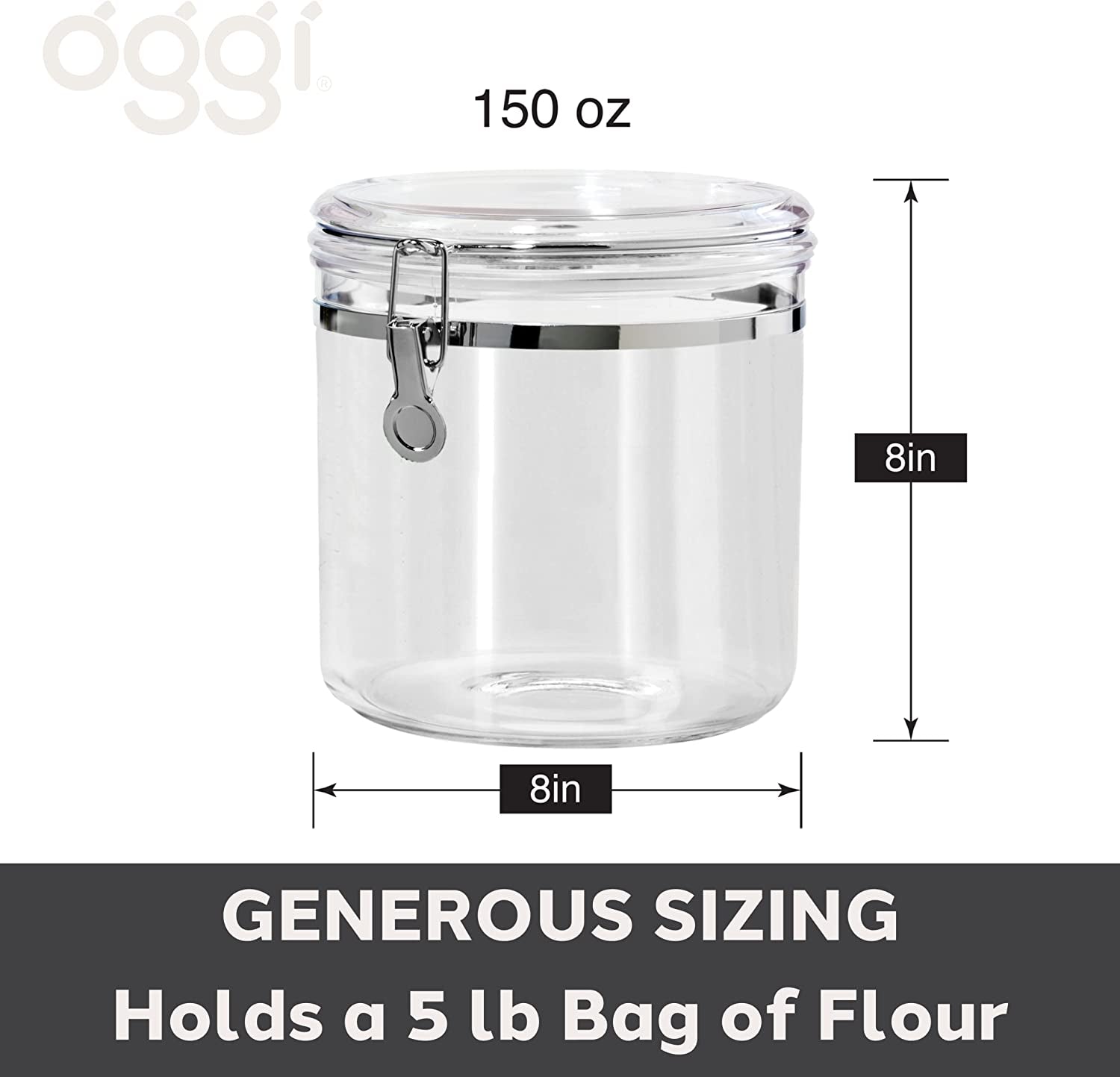 Jumbo Clear Canister with Clamp Lid, 150 Oz - Airtight Food Storage Container, for Kitchen & Pantry Storage of Bulk, Dry Foods Including Pasta, Flour, Sugar, Coffee, Rice, Tea, Spices & Herbs