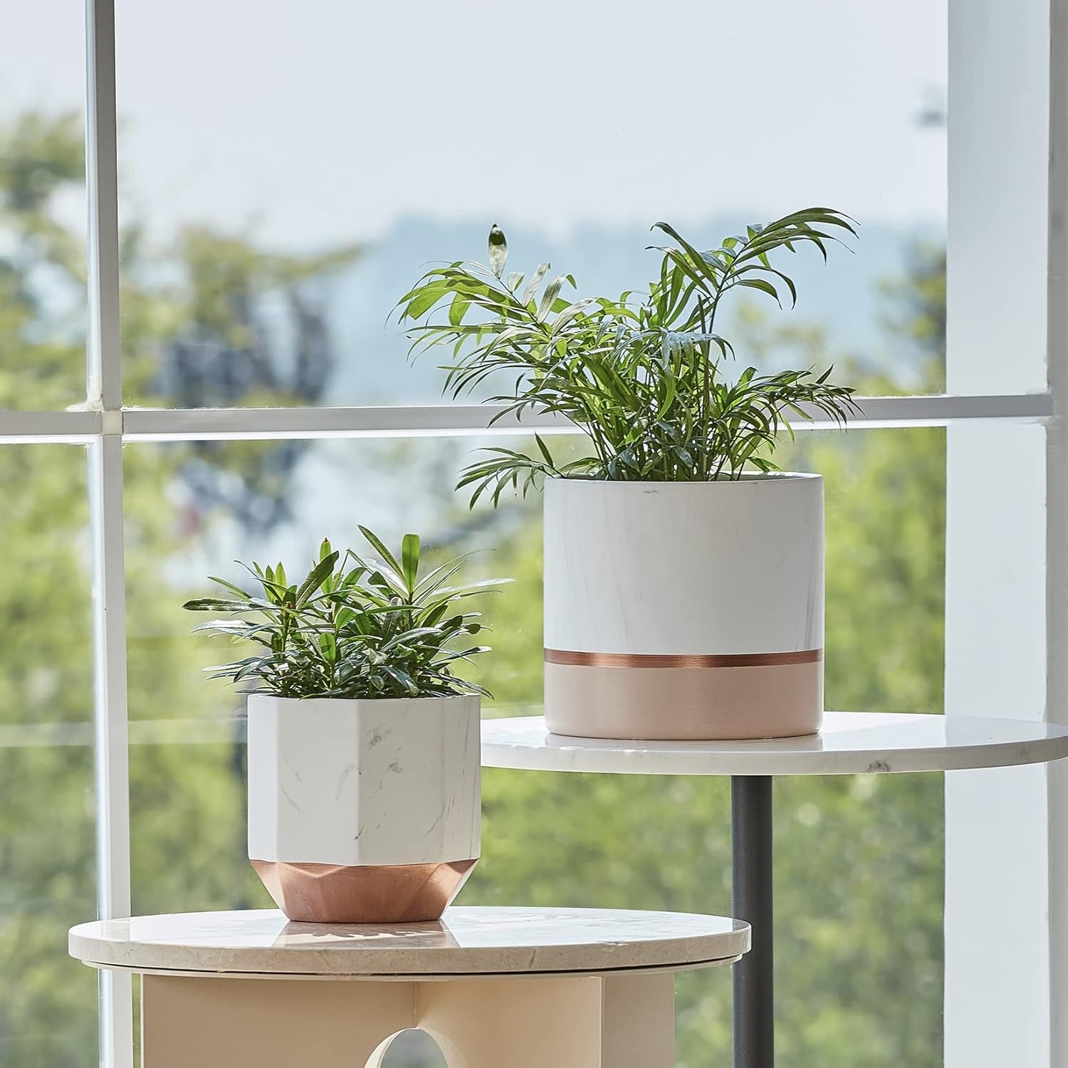 White Ceramic Flower Pots - 6.7 + 5.4 Inch Indoor Planters, Plant Containers in a Marble Ink Pattern with Rose Gold and Pink Detailing