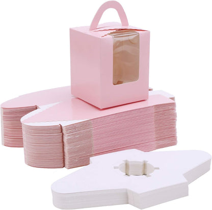 Cupcake Boxes Kraft Paper, 50Pcs Portable Single Individual Paper Cupcake Holder Containers,Muffin Gift Boxes with Window Inserts Handle, for Wedding Birthday Party Candy Boxes