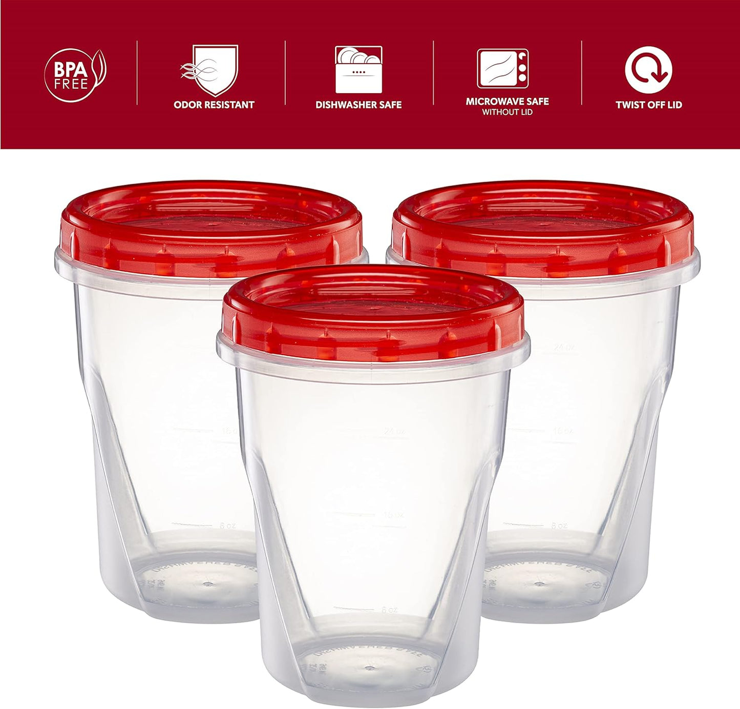 (32 Ounce 10 Pack) Twist Cap Containers Clear Bottom with Red Top Screw on Lids Twist Top Food Storage Freezer Containers