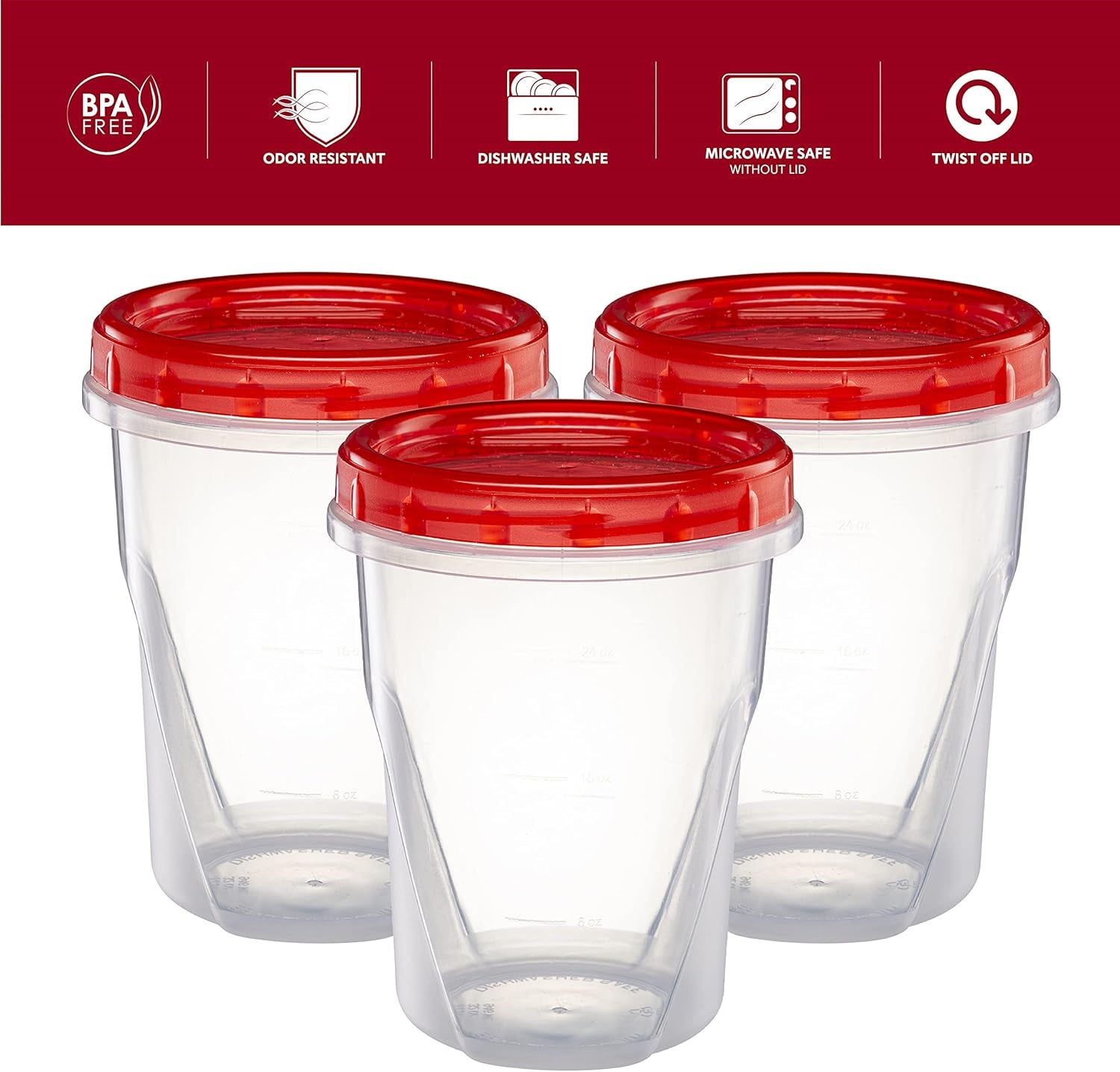 (32 Ounce 10 Pack) Twist Cap Containers Clear Bottom with Red Top Screw on Lids Twist Top Food Storage Freezer Containers