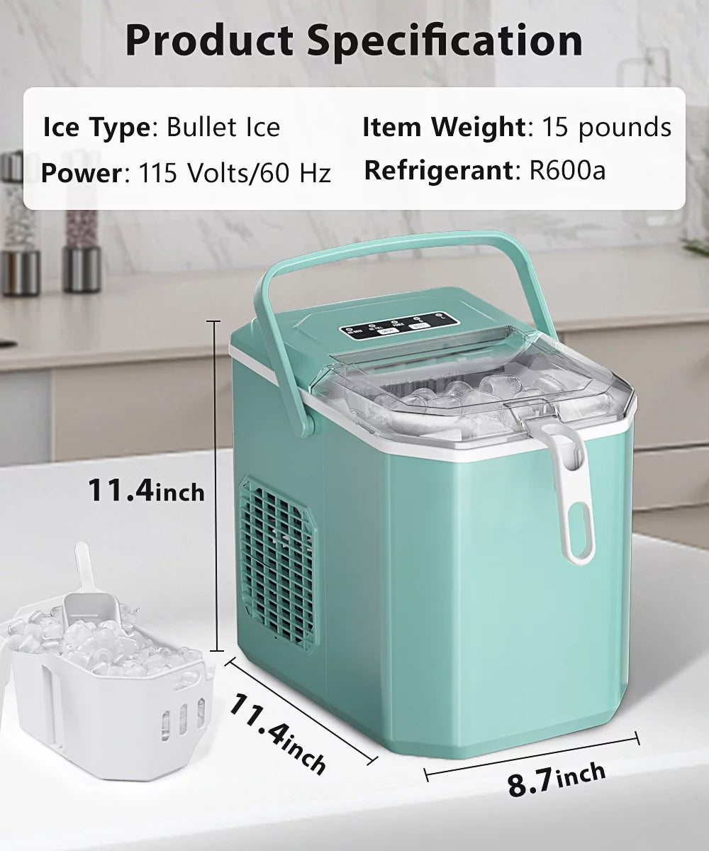 Countertop Ice Maker, 26Lbs/Day, 2 Ice Sizes(S/L), Self-Cleaning W/ Ice Scoop and Basket, Handheld Ice Maker, Green