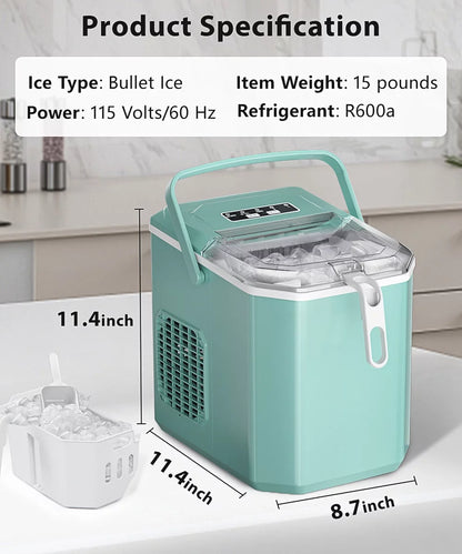 Countertop Ice Maker, 26Lbs/Day, 2 Ice Sizes(S/L), Self-Cleaning W/ Ice Scoop and Basket, Handheld Ice Maker, Green