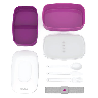 Classic (Purple) - All-In-One Stackable Lunch Box Solution - Sleek and Modern Bento Box Design Includes 2 Stackable Containers, Built-In Plastic Silverware, and Sealing Strap