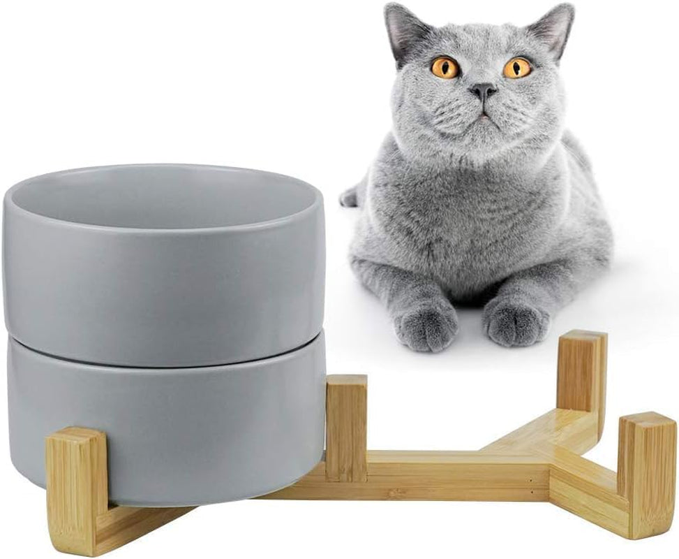 Grey Ceramic Dog Bowls with Wood Stand No Spill Pet Food Water Feeder Cats Small Dogs Set of 2