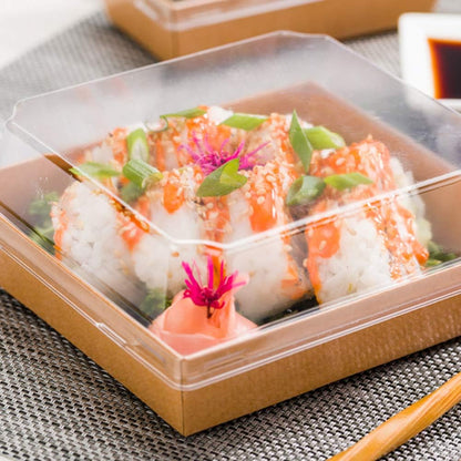 LIDS ONLY: Matsuri Vision 5.5 X 5 X 1.6 Inch Lids for Large Containers 100 Airtight Lids - Containers Sold Separately Raised Design Clear Plastic Lids for Sushi Boxes