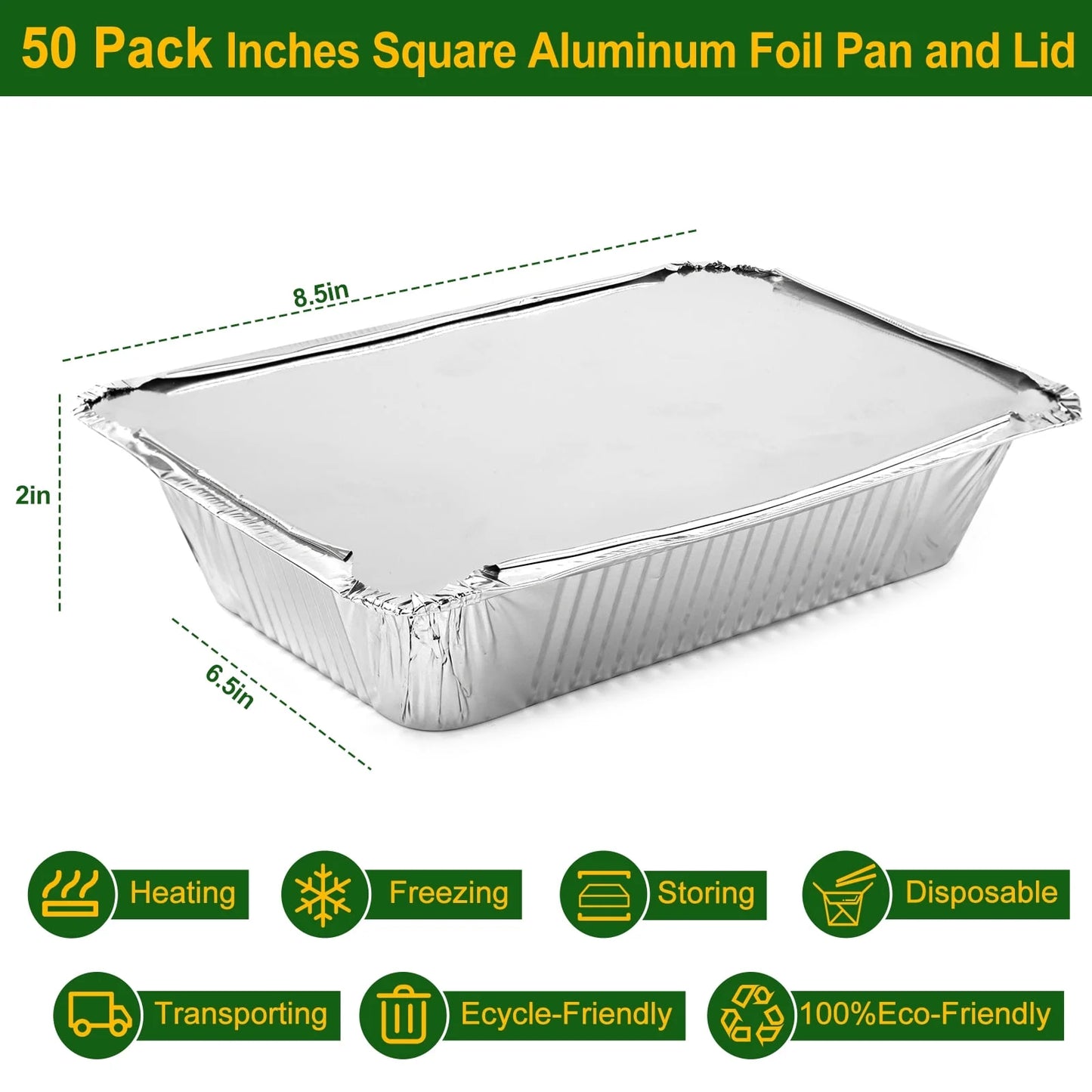 Aluminum Pans with Lids, Disposable Tin Foil Pans 8.5" X 6" 50 Count