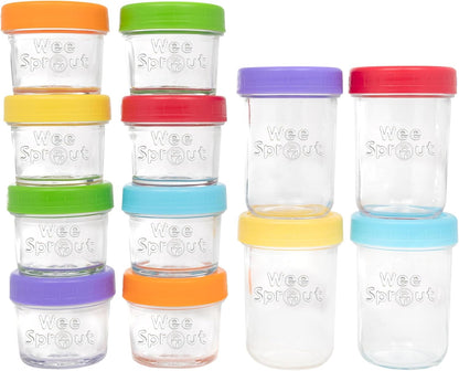 Glass Baby Food Storage Jars W/Lids (4 Oz, 12 Pack Set) Snack, Puree, Reusable Small Containers, Breast Milk, Fridge or Freezer, Microwave & Dishwasher Safe, Essential Must Have for Infants