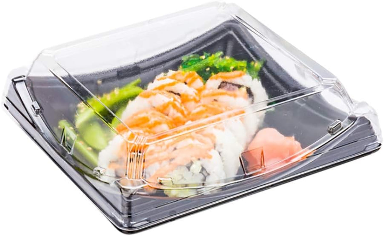 Roku 9.75 X 4.75 Inch Sushi Trays 100 Disposable Sushi Containers with Lids - Long Take Out Containers for Appetizers Entrees or Desserts Black Plastic to Go Containers