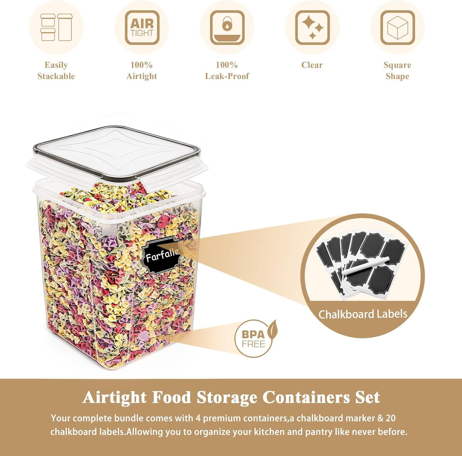 Large Food Storage Containers 5.2L /175Oz, 4 Piece BPA Free Plastic Airtight Food Storage Containers for Flour, Sugar, Baking Supplies, Kitchen & Pantry Containers with 20 Labels