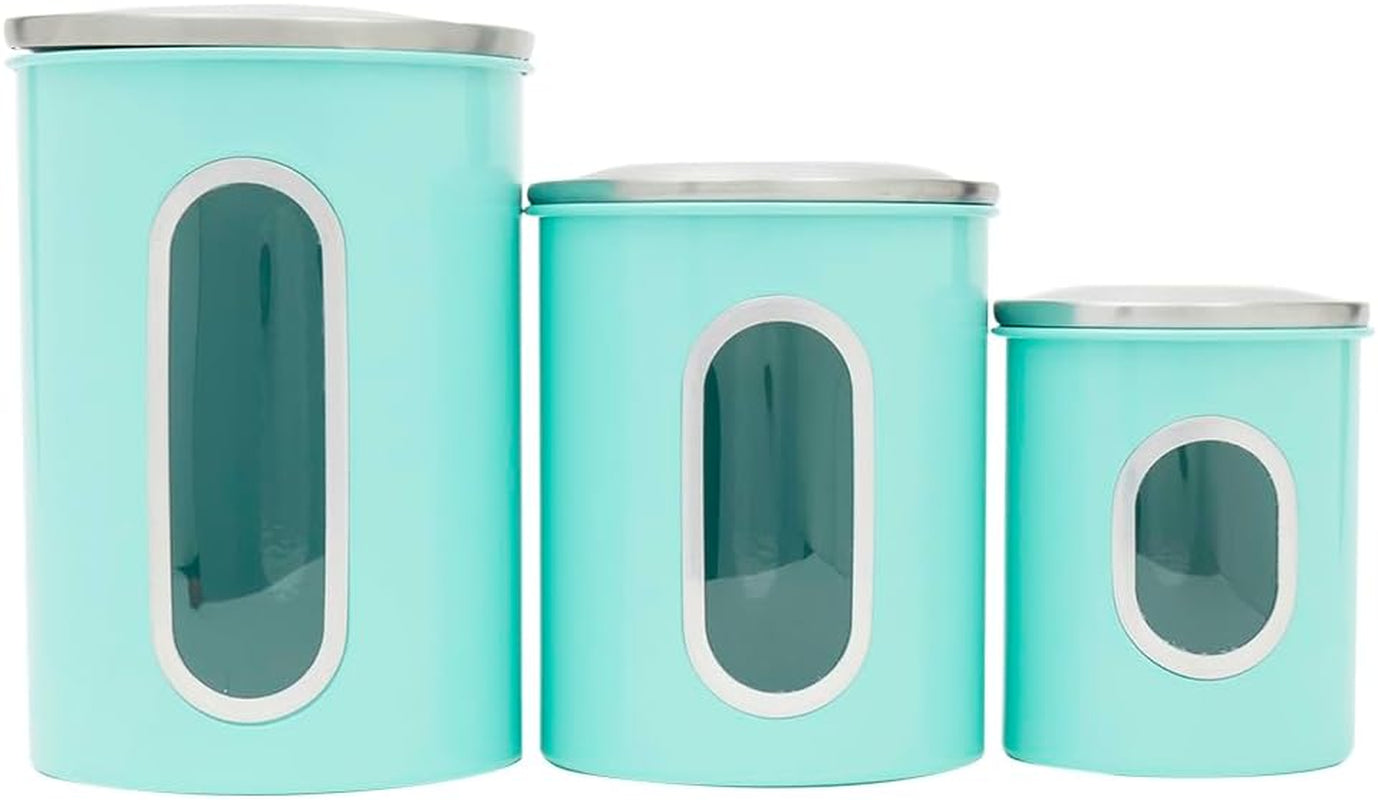 Retro Kitchen Canisters for Countertop (4 Piece Set) Red Glass with Metal Finish; See-Through Windows; Great for Flour, Coffee, Sugar, Dry Ingredients, Snacks