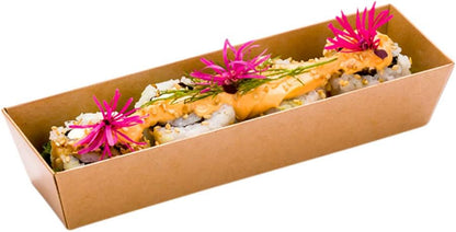 Matsuri Vision 6.5 X 1.7 X 1.4 Inch Sushi Trays 100 Greaseproof Sushi Packaging Boxes - Lids Sold Separately Disposable Kraft Paper Sushi Containers for Appetizers or Desserts