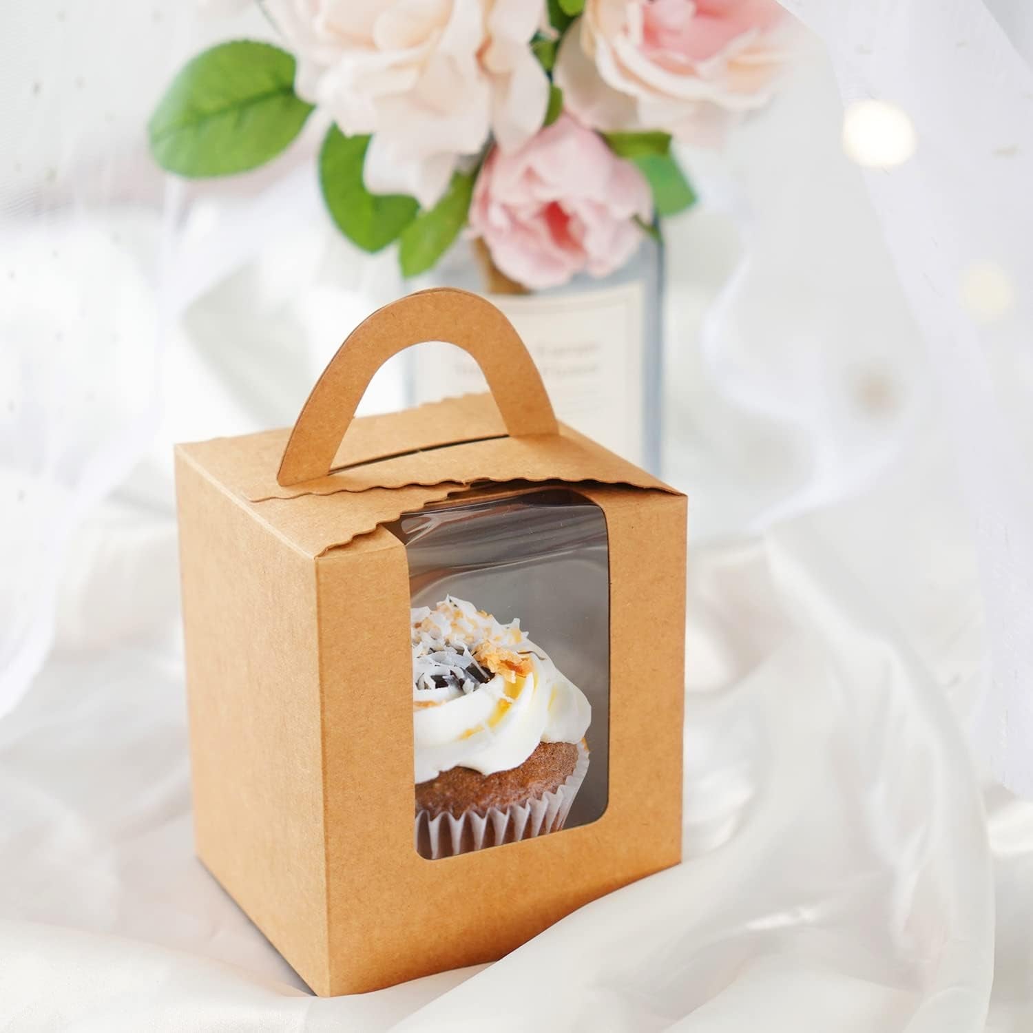 Cupcake Boxes Kraft Paper, 50Pcs Portable Single Individual Paper Cupcake Holder Containers,Muffin Gift Boxes with Window Inserts Handle, for Wedding Birthday Party Candy Boxes