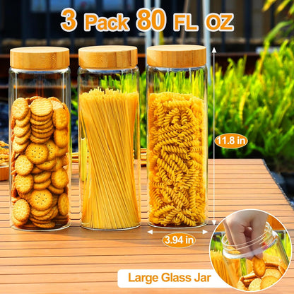 Glass Jars with Airtight Lid,Glass Jar with Bamboo Lid,Glass Canisters with Airtight Lids, 3 Pack 80Oz Glass Cereal Containers Storage,Glass Cookie Jars,Pasta Containers,Screw on Kitchen Jars