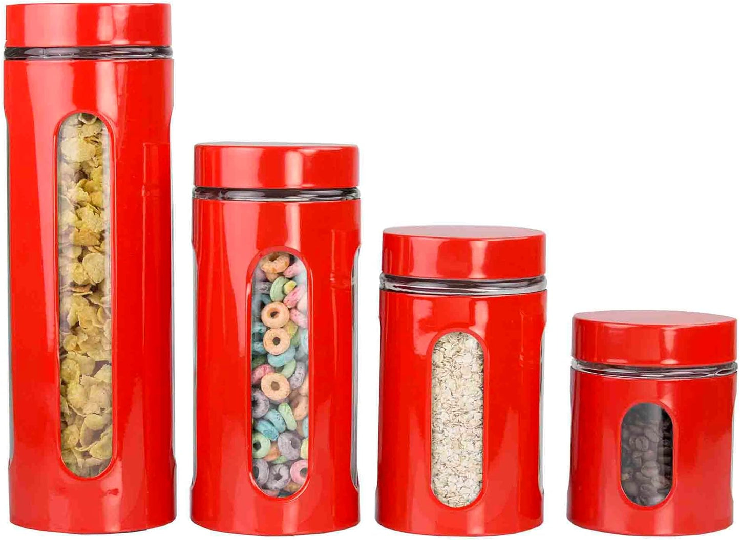 Retro Kitchen Canisters for Countertop (4 Piece Set) Red Glass with Metal Finish; See-Through Windows; Great for Flour, Coffee, Sugar, Dry Ingredients, Snacks