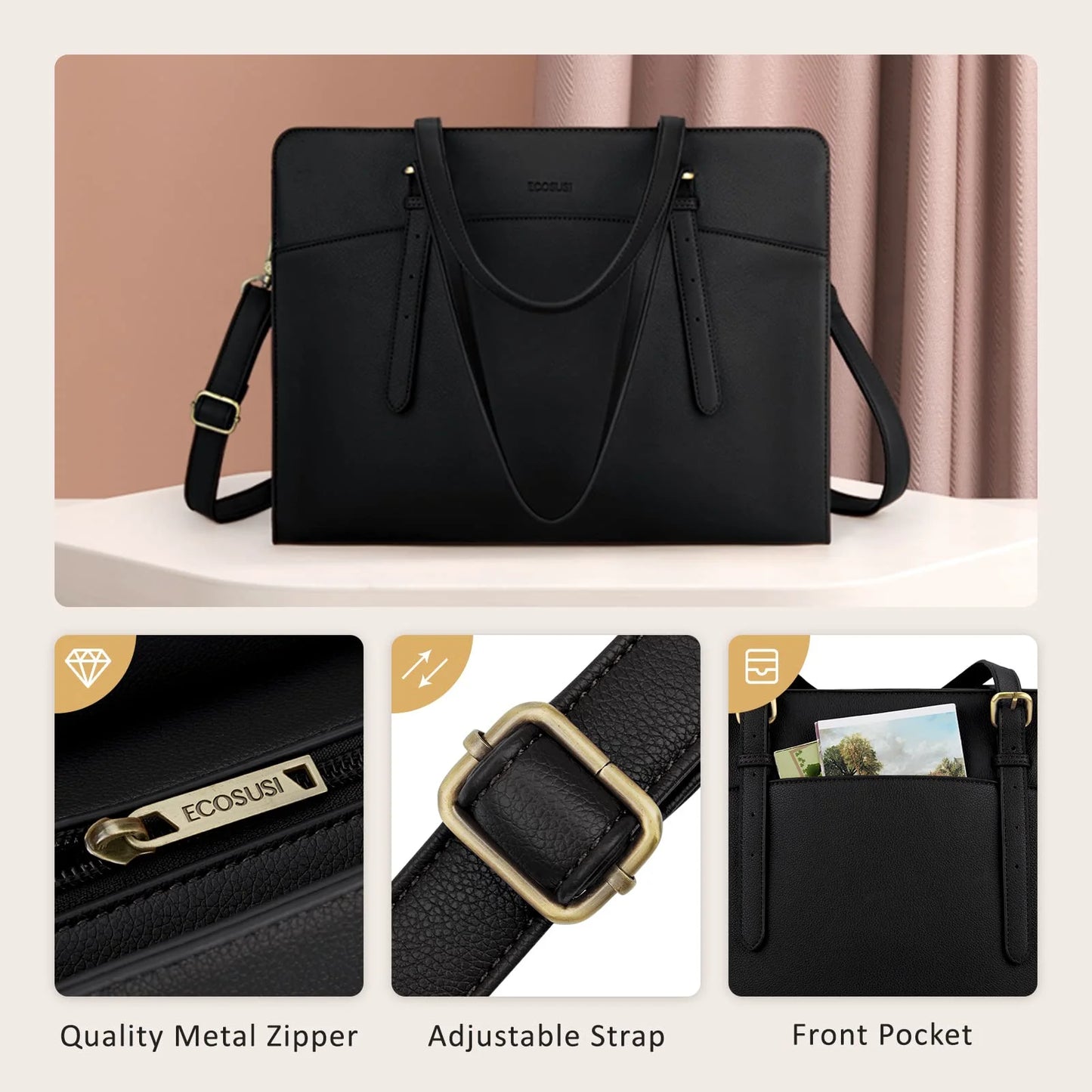 Leather Laptop Tote Bag for Women 15.6 Inch Computer Briefcase Waterproof Handbag Shoulder Bag Purse for Tablet Work Office Business College Daily Travel, Black