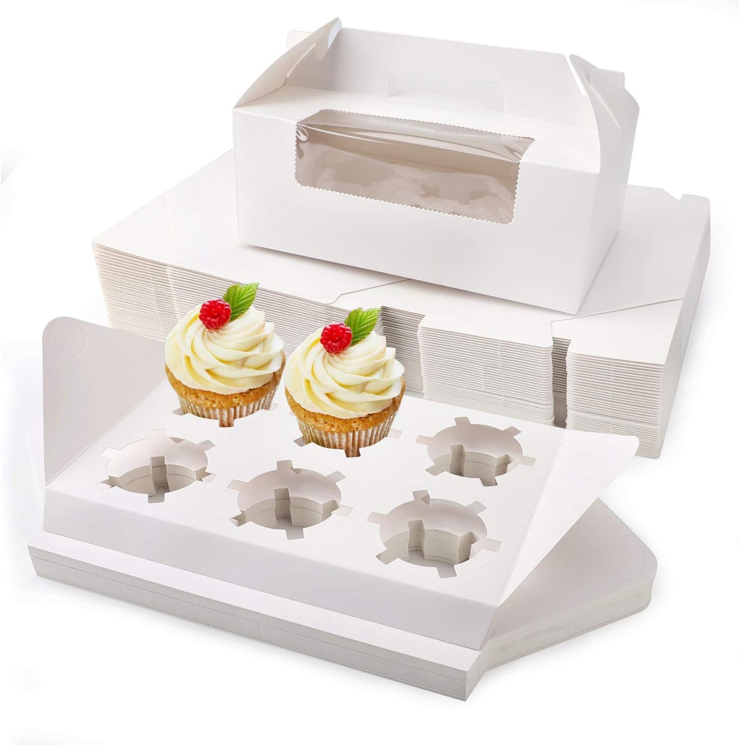 Cupcake Boxes Kraft Paper, 50Pcs Portable Single Individual Paper Cupcake Holder Containers,Muffin Gift Boxes with Window Inserts Handle, for Wedding Birthday Party Candy Boxes