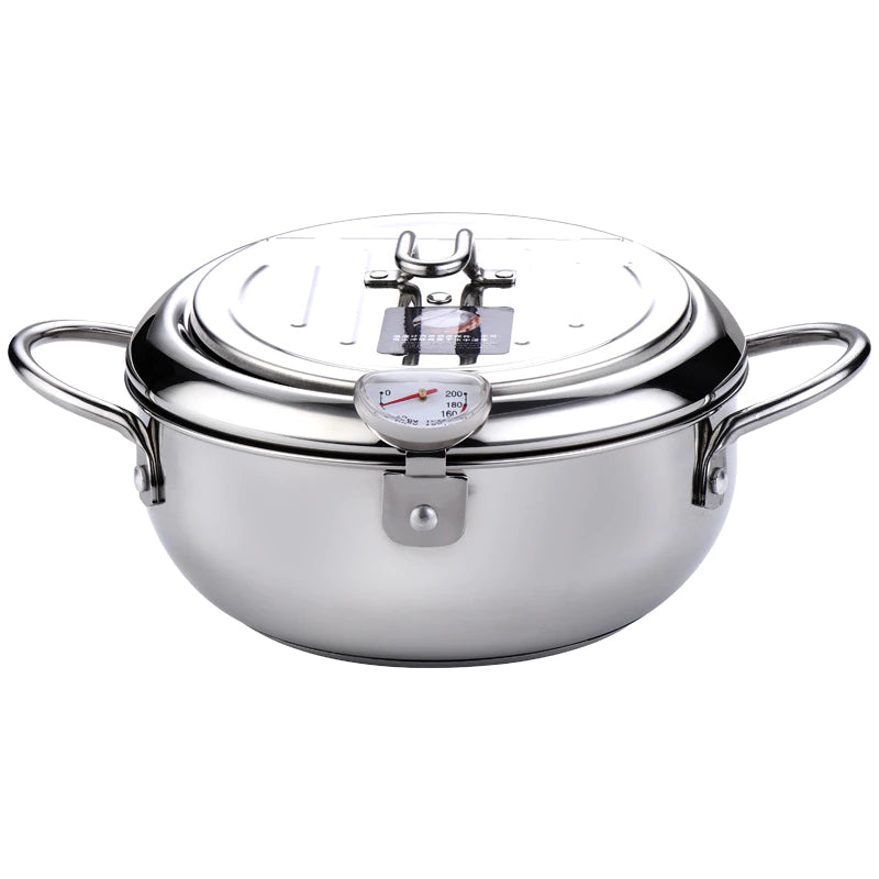 Japanese Deep Frying Pot with a Thermometer and a Lid 304 Stainless Steel Kitchen Tempura Fryer Pan 20 24 Cm KC0405