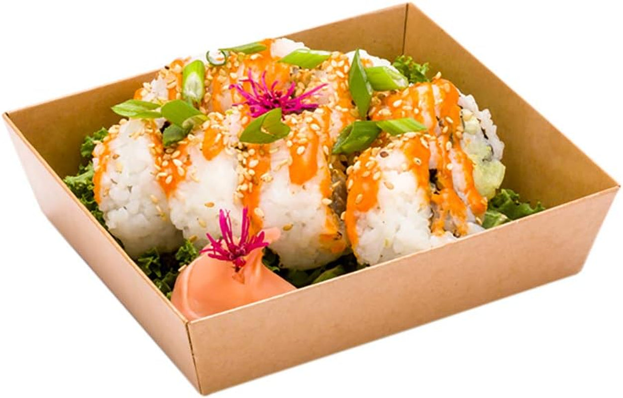 Matsuri Vision 5 X 4.4 X 1.4 Inch Sushi Trays 100 Greaseproof Sushi Packaging Boxes - Lids Sold Separately Disposable Kraft Paper Sushi Containers for Appetizers or Desserts