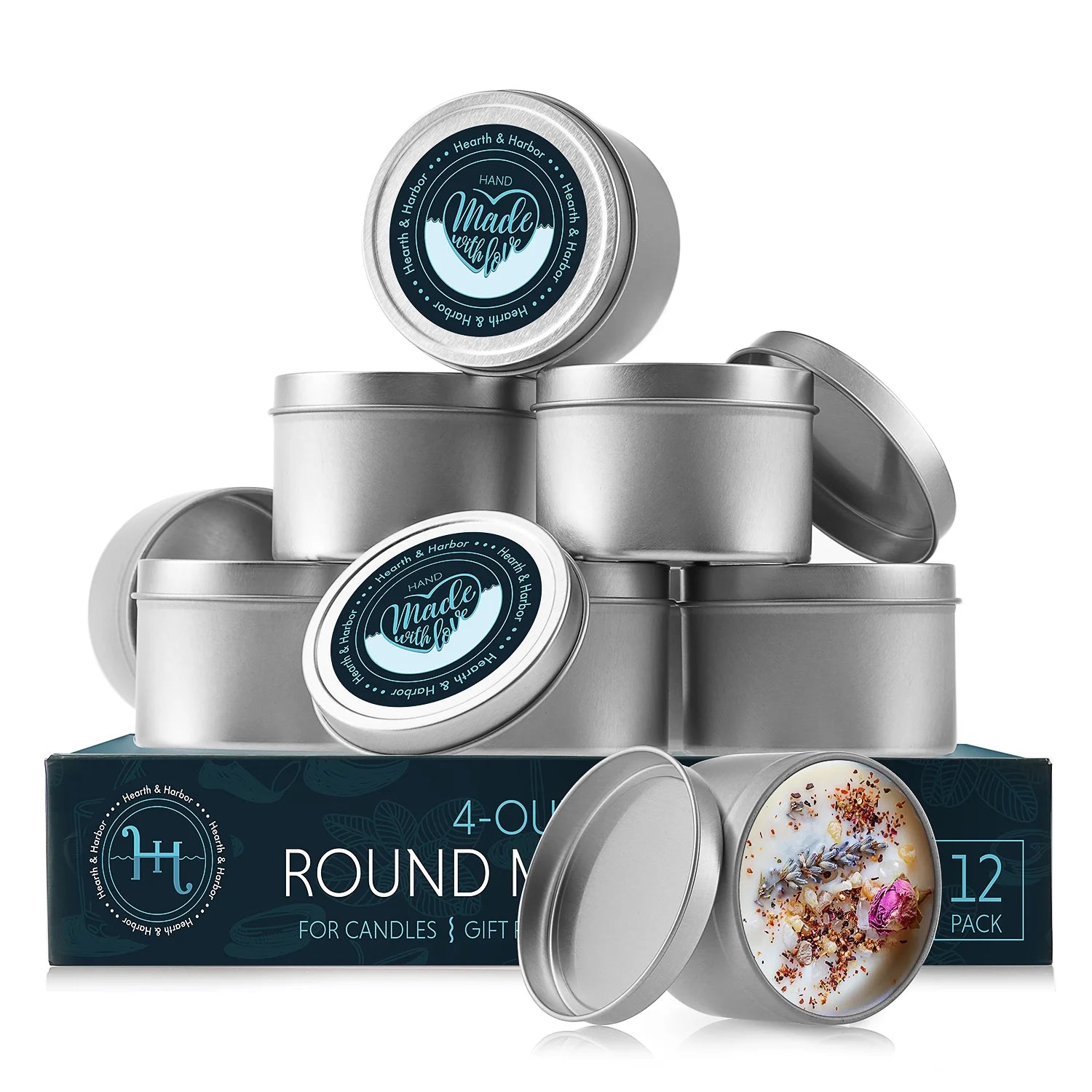 Metal round Candle Tins with Lids 8 Oz, Candle Containers for Candle Making with Custom Sticker for Lids - 24 Pack