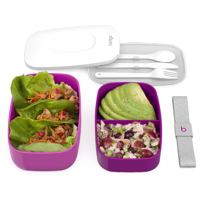 Classic (Purple) - All-In-One Stackable Lunch Box Solution - Sleek and Modern Bento Box Design Includes 2 Stackable Containers, Built-In Plastic Silverware, and Sealing Strap