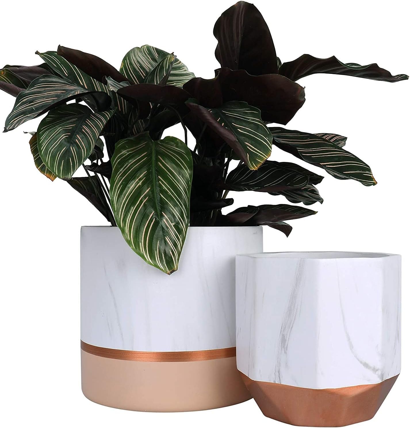 White Ceramic Flower Pots - 6.7 + 5.4 Inch Indoor Planters, Plant Containers in a Marble Ink Pattern with Rose Gold and Pink Detailing