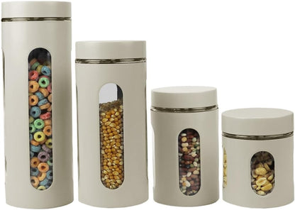 Retro Kitchen Canisters for Countertop (4 Piece Set) Red Glass with Metal Finish; See-Through Windows; Great for Flour, Coffee, Sugar, Dry Ingredients, Snacks