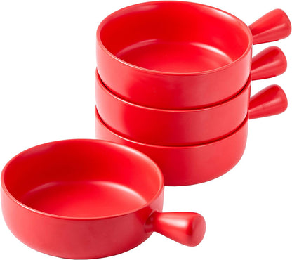 20 Oz round Flat Porcelain Soup Bowl with Handle Set of 4, 20 Ounce Small Porcelain French Onion Soup Crocks in Red Color for Kitchen or Dinner Table Decoration