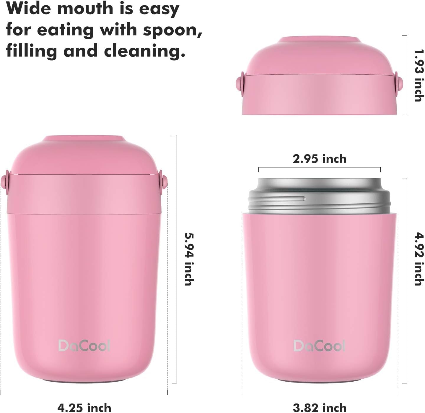 Food Thermos for Kids with Handle 16 Ounce Insulated Lunch Containers Leakproof Thermos for Food Lunch Soup Vacuum Stainless Steel with Folding Spoon Lunch Box for Kids School Outdoors Pink