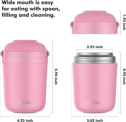 Food Thermos for Kids with Handle 16 Ounce Insulated Lunch Containers Leakproof Thermos for Food Lunch Soup Vacuum Stainless Steel with Folding Spoon Lunch Box for Kids School Outdoors Pink