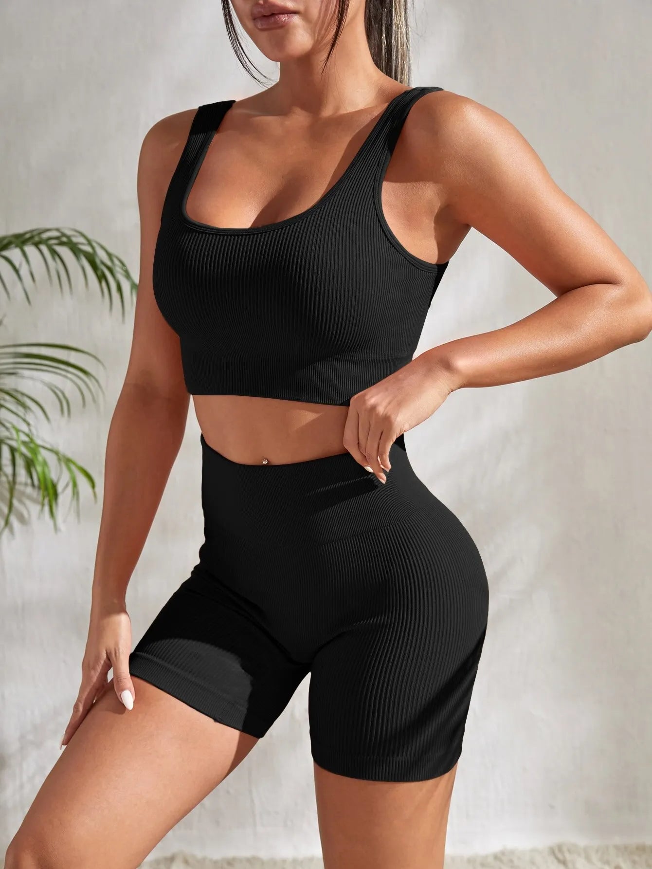 Sculpted Seamless Yoga Set: 2-Piece Ribbed Outfit for the Modern Athlete - Universal Found