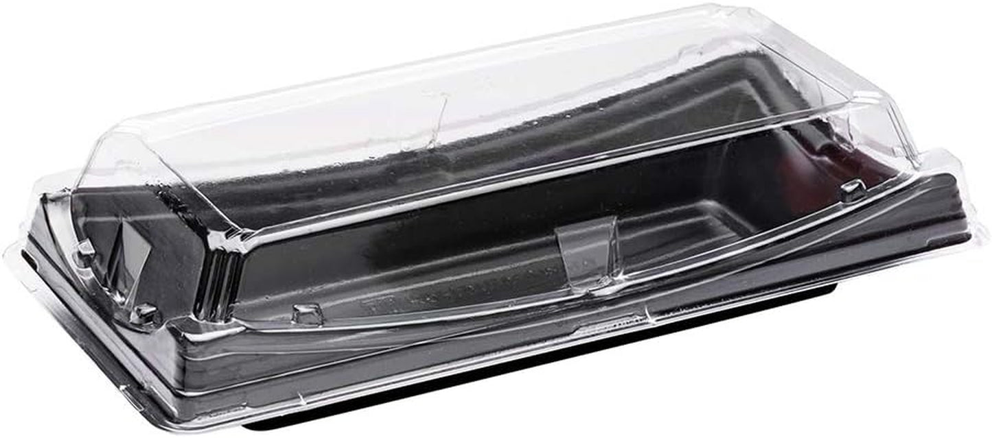 Roku 9.75 X 4.75 Inch Sushi Trays 100 Disposable Sushi Containers with Lids - Long Take Out Containers for Appetizers Entrees or Desserts Black Plastic to Go Containers