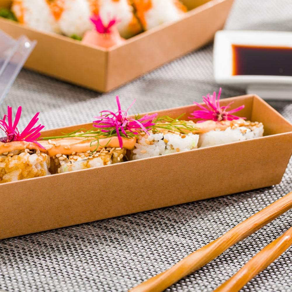 Matsuri Vision 6.5 X 1.7 X 1.4 Inch Sushi Trays 100 Greaseproof Sushi Packaging Boxes - Lids Sold Separately Disposable Kraft Paper Sushi Containers for Appetizers or Desserts