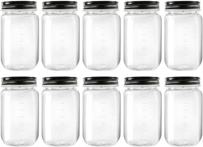 16 Ounce Clear Plastic Jars with Black Lids - Refillable round Clear Containers Clear Jars Storage Containers for Kitchen & Household Storage - BPA Free (10 Pack)