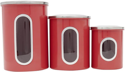 Retro Kitchen Canisters for Countertop (4 Piece Set) Red Glass with Metal Finish; See-Through Windows; Great for Flour, Coffee, Sugar, Dry Ingredients, Snacks