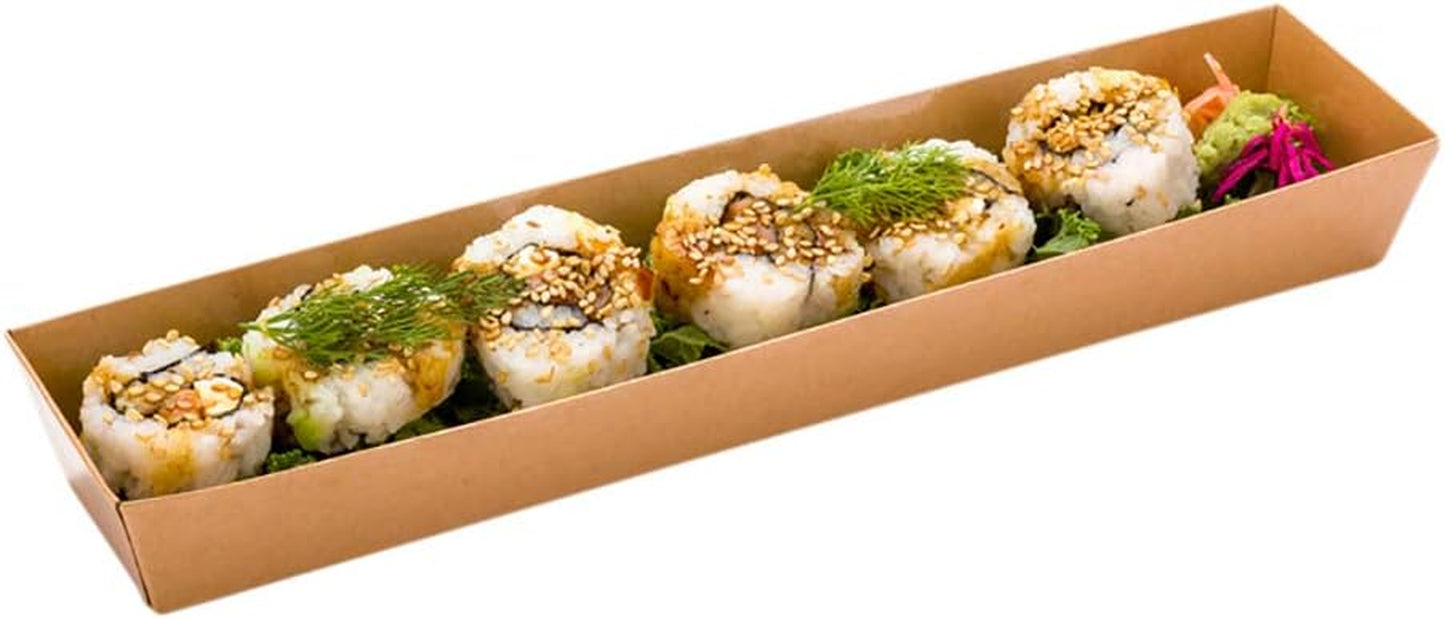 Matsuri Vision 6.5 X 1.7 X 1.4 Inch Sushi Trays 100 Greaseproof Sushi Packaging Boxes - Lids Sold Separately Disposable Kraft Paper Sushi Containers for Appetizers or Desserts