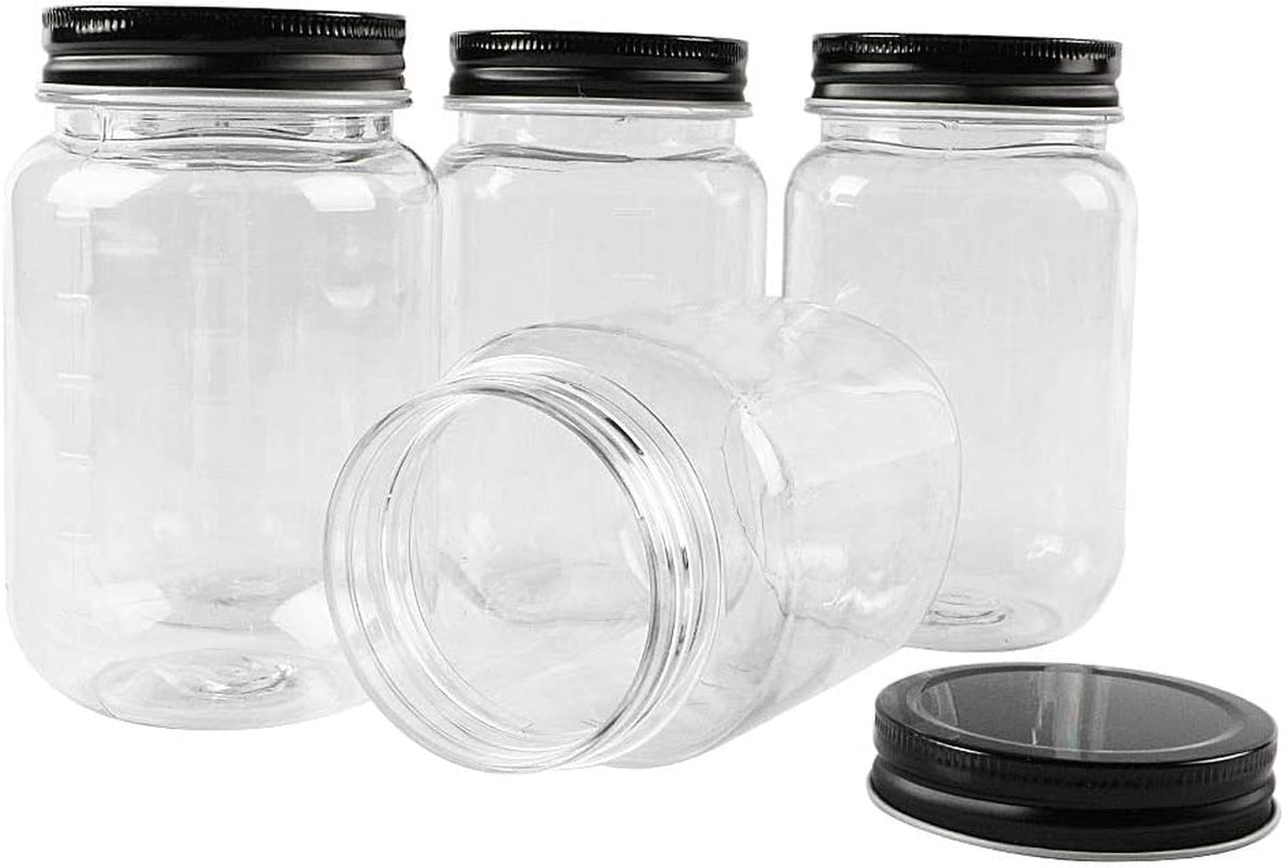 16 Ounce Clear Plastic Jars with Black Lids - Refillable round Clear Containers Clear Jars Storage Containers for Kitchen & Household Storage - BPA Free (10 Pack)