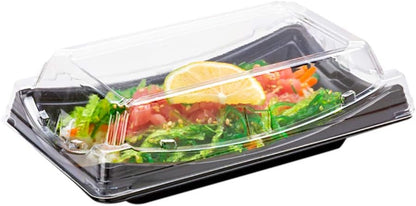 Roku 9.75 X 4.75 Inch Sushi Trays 100 Disposable Sushi Containers with Lids - Long Take Out Containers for Appetizers Entrees or Desserts Black Plastic to Go Containers