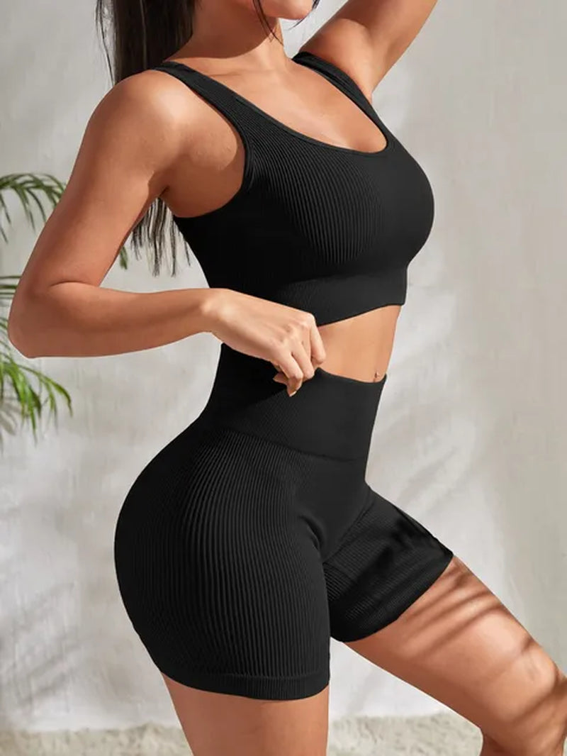 Sculpted Seamless Yoga Set: 2-Piece Ribbed Outfit for the Modern Athlete - Universal Found