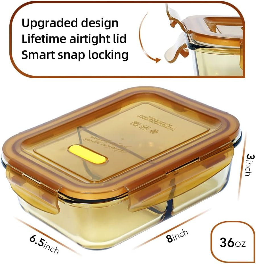 5 Pack 36Oz Amber Food Storage Containers 2 Compartments Glass Meal Prep Containers with Lids Lunch Containers Adult Food Prep with Dividers