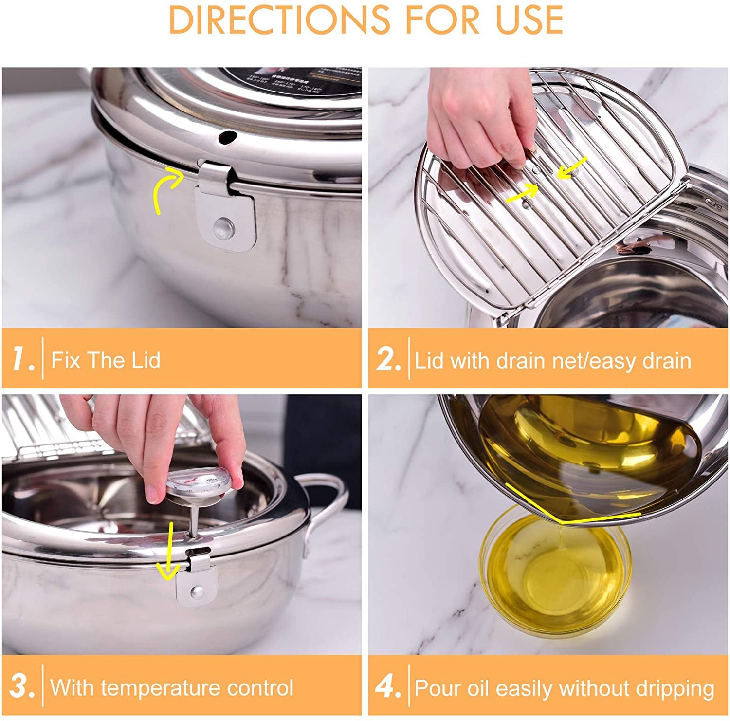 Japanese Deep Frying Pot with a Thermometer and a Lid 304 Stainless Steel Kitchen Tempura Fryer Pan 20 24 Cm KC0405