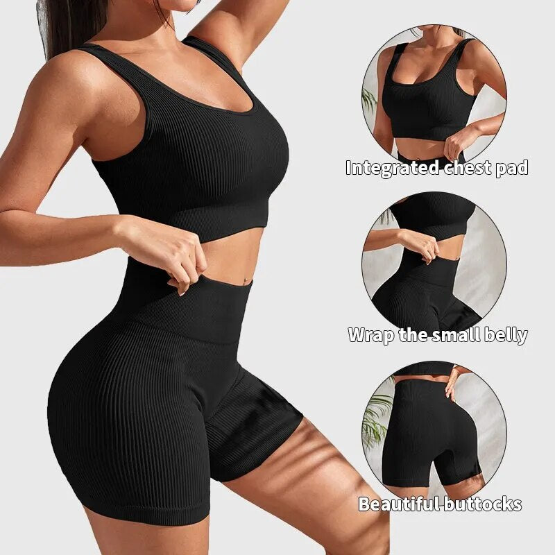 Sculpted Seamless Yoga Set: 2-Piece Ribbed Outfit for the Modern Athlete - Universal Found