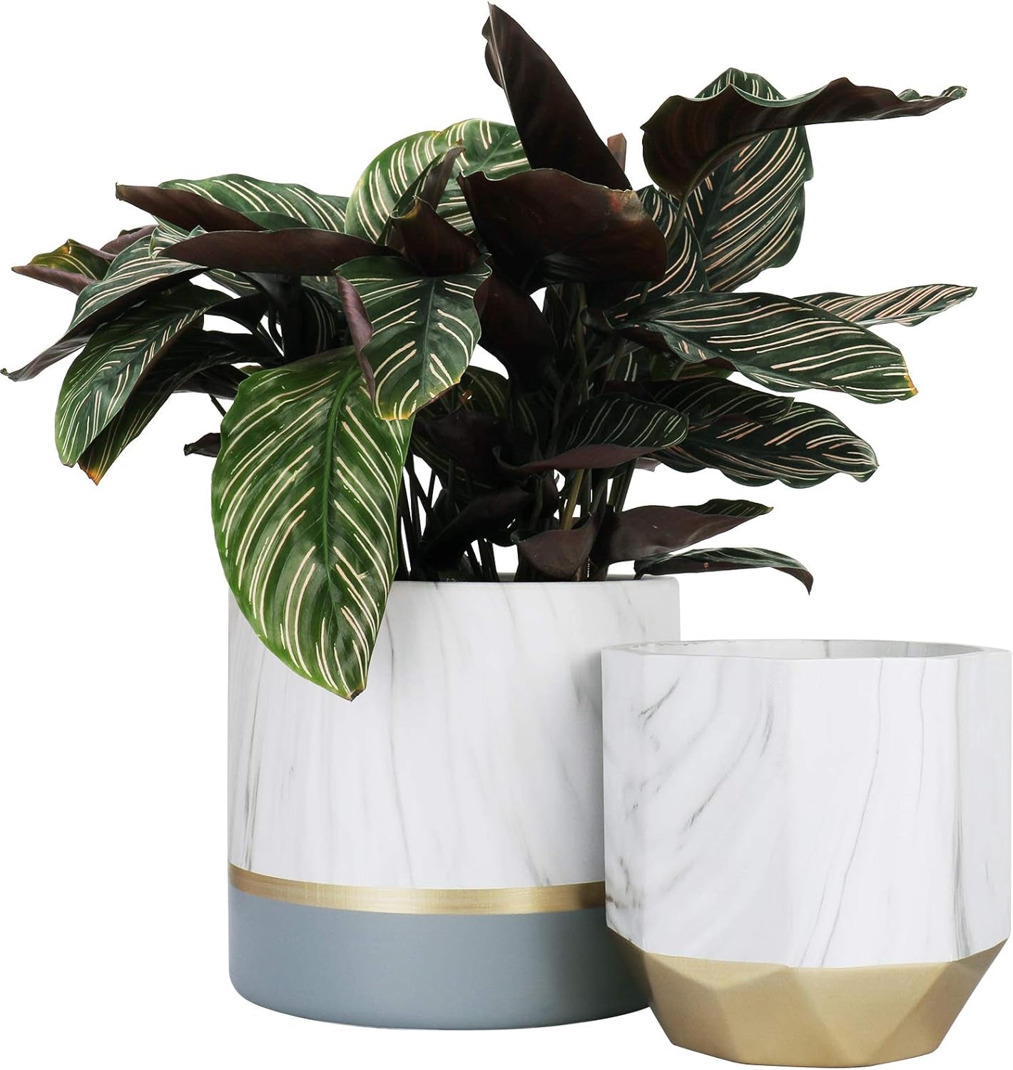 White Ceramic Flower Pots - 6.7 + 5.4 Inch Indoor Planters, Plant Containers in a Marble Ink Pattern with Rose Gold and Pink Detailing